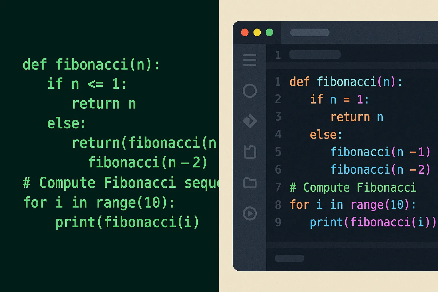 1980s green terminal with code vs modern IDE interface